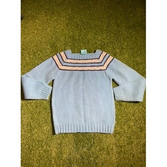 Sweater Knit Pullover Square Neck Long Sleeve Blue Patterned Top - Picture 1 of 7